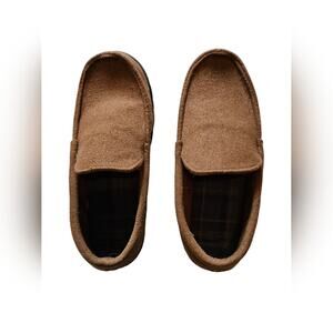 Brown suede style, men's size 13, brown body, black soles, slip on, memory foam